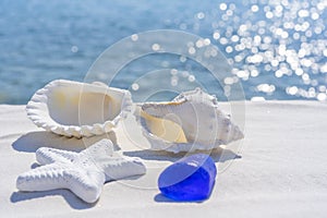 Sea shells, starfish and blue stone on a white sand and blue water background, space for text. Summer beach. Seashell on