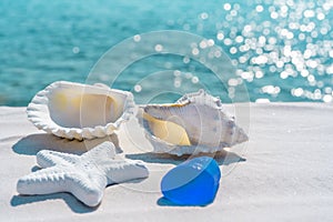 Sea shells, starfish and blue stone on a white sand and blue water background, space for text. Summer beach. Seashell on