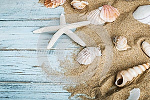 Sea shells and starfish on a blue wooden background and sand