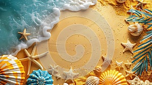 Sea Shells and Starfish on Sandy Beach