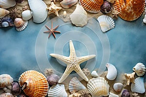 Sea shells with starfishes on grunge background, closeup