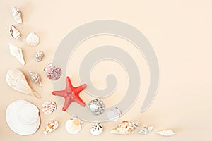 Sea shells top view,beach summer background empty copy space