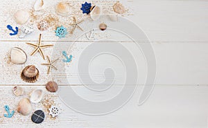 Sea shells on a white wooden table