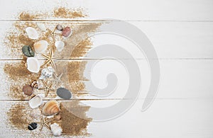 Sea shells on a white wooden table