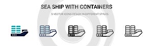 Sea ship with containers icon in filled, thin line, outline and stroke style. Vector illustration of two colored and black sea