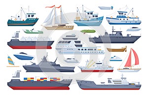 Sea shipping boats, cartoon ships, yacht and motorboat. Travel ocean cruise boat, fishing and cargo shipping boats flat vector