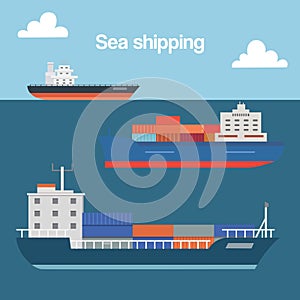 Sea shipping cargo container sailing ship cartoon vector illustration. Seagoing freight transport with loaded container photo