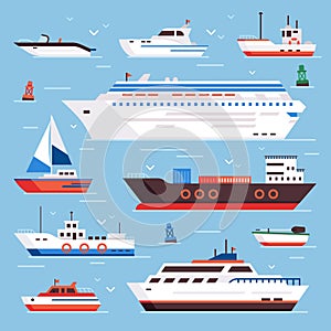 Sea ships. Cartoon boat powerboat cruise liner navy shipping ship and fishing boats isolated front view vector