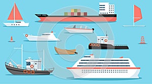 Sea ships, yachts and boats. Sea vessels, cruise ships, boats, wooden row boats, tugboat, fishing boat. Vector