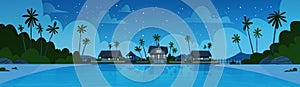 Sea Shore Beach With Villa Hotel Beautiful Seaside Landscape At Night Summer Vacation Concept