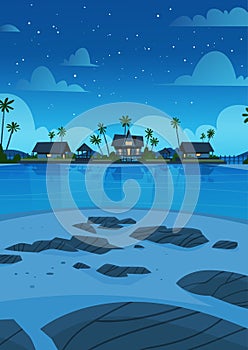 Sea Shore Beach With Villa Hotel Beautiful Seaside Landscape At Night Summer Vacation Concept