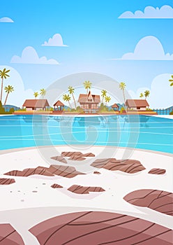 Sea Shore Beach With Villa Hotel Beautiful Seaside Landscape Summer Vacation Concept