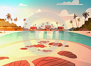 Sea Shore Beach With Villa Hotel Beautiful Sunset Seaside Landscape Summer Vacation Concept