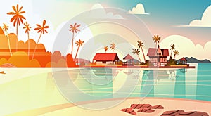 Sea Shore Beach With Villa Hotel Beautiful Sunset Seaside Landscape Summer Vacation Concept