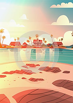 Sea Shore Beach With Villa Hotel Beautiful Sunset Seaside Landscape Summer Vacation Concept