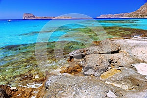 Sea shore with clear sea water and stone. Beach Balos, Grecce, Crete, Europe