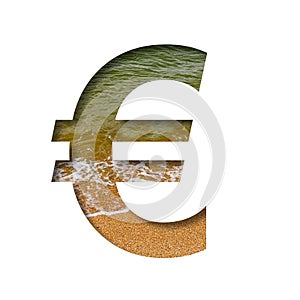 Sea shore font. Euro money business symbol cut out of paper on a background of the beach of seashore with coarse sand and emerald