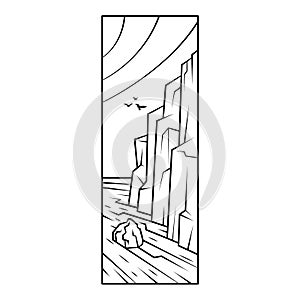 Sea shore, high cliffs. Birds hovering in the sky.