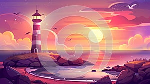 Sea shore with lighthouse at sunset, beacon at scenery dusk view, rocky coast and cloudy sky. Nautical seafarer, cartoon