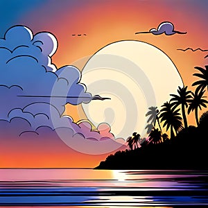 Sea shore with palm trees and setting Sun