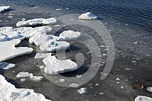 Sea shore in winter, covered with ice and snow. Round ice floes floating in sea