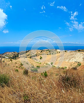 Sea and Sicily island in far, Motta San Giovanni outskirts, Ital photo