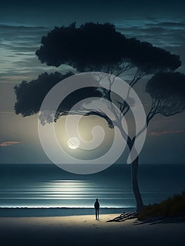 sea silhouette,Generative Ai illustation,Landscape,Travel,Adventure,person,poster image, pro card image.