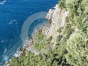 Sea and skala. Cape AI-Todor. Crimean landscape. Top view from the cliff.