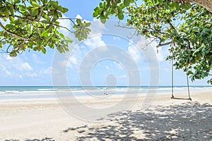 Sea, sky, swings and trees that protrude photo