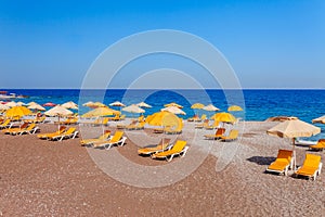 Sea skyview landscape of Elle beach on Rhodes island, Dodecanese, Greece. Panorama with nice sand beach and clear blue water. photo