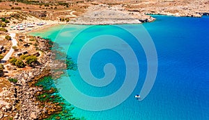 Sea skyview landscape photo of Agia Agathi beach near Feraklos castle on Rhodes island, Dodecanese, Greece. Panorama with sand