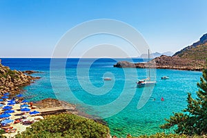 Sea skyview landscape photo Anthony Quinn bay near Ladiko bay on Rhodes island, Dodecanese, Greece. Panorama with nice sand beach