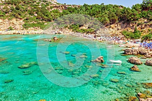 Sea skyview landscape photo Anthony Quinn bay near Ladiko bay on Rhodes island, Dodecanese, Greece. Panorama with nice sand beach