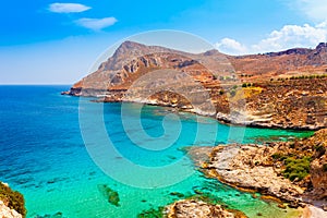 Sea skyview landscape photo of coast near Stegna beach and Archangelos on Rhodes island, Dodecanese, Greece. Panorama with sand