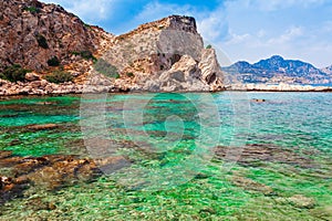 Sea skyview landscape photo of coast near Stegna beach and Archangelos on Rhodes island, Dodecanese, Greece. Panorama with sand