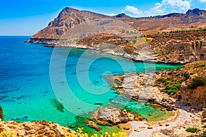 Sea skyview landscape photo of coast near Stegna beach and Archangelos on Rhodes island, Dodecanese, Greece. Panorama with sand