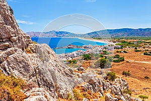 Sea skyview landscape photo from Feraklos castle near Agia Agathi beach on Rhodes island, Dodecanese, Greece. Panorama with sand