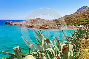 Sea skyview landscape photo Ladiko bay near Anthony Quinn bay on Rhodes island, Dodecanese, Greece. Panorama with nice sand beach