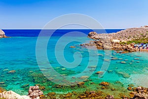 Sea skyview landscape photo Ladiko bay near Anthony Quinn bay on Rhodes island, Dodecanese, Greece. Panorama with nice sand beach