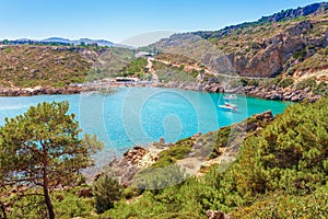 Sea skyview landscape photo Ladiko bay near Anthony Quinn bay on Rhodes island, Dodecanese, Greece. Panorama with nice sand beach