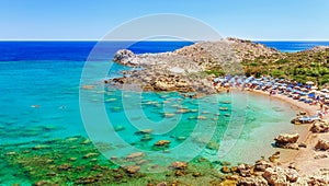 Sea skyview landscape photo Ladiko bay near Anthony Quinn bay on Rhodes island, Dodecanese, Greece. Panorama with nice sand beach