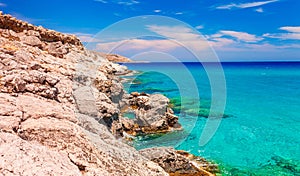 Sea skyview landscape photo near Agia Agathi beach and Feraklos castle on Rhodes island, Dodecanese, Greece. Panorama with sand