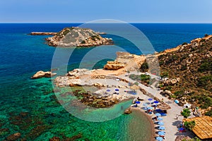 Sea skyview landscape photo of picturesque beach near Stegna and Archangelos on Rhodes island, Dodecanese, Greece. Panorama with