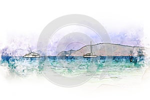 Sea soft wave and speed boat in Thailand on watercolor illustration painting background.