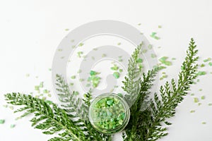 Sea solt with greenery on white background with copy space. mockup . bath spa concept flat lay