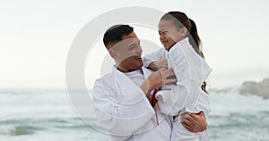 Sea, sports or girl with father to play martial arts, fighting or fun games together for karate or fitness. Tickle