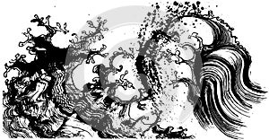 sea spray. brush stroke wave. ink art.