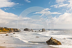 Sea stacks and surf on Bandon beach on the Oregon coast