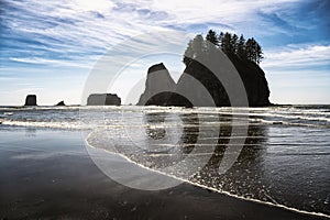 Sea stacks with trees atop on Second Beach, La Push, Washington State