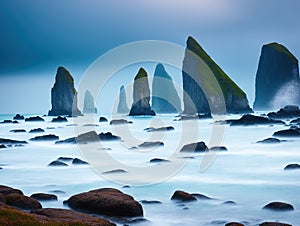 Sea stacks Use a slower shutter speed to create a blurred effect on the water Soft made with generative ai